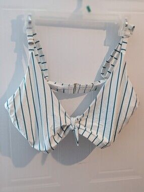 La Vie En Rose Aqua White Swim Bikini Top with Teal Stripe Details